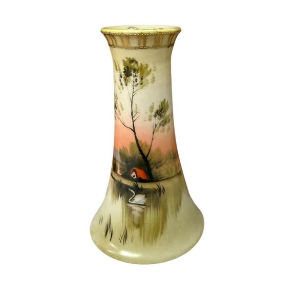 Ceramic Hat Pin Holder Handpainted Cottage & Swan Scene - Picture 1 of 7